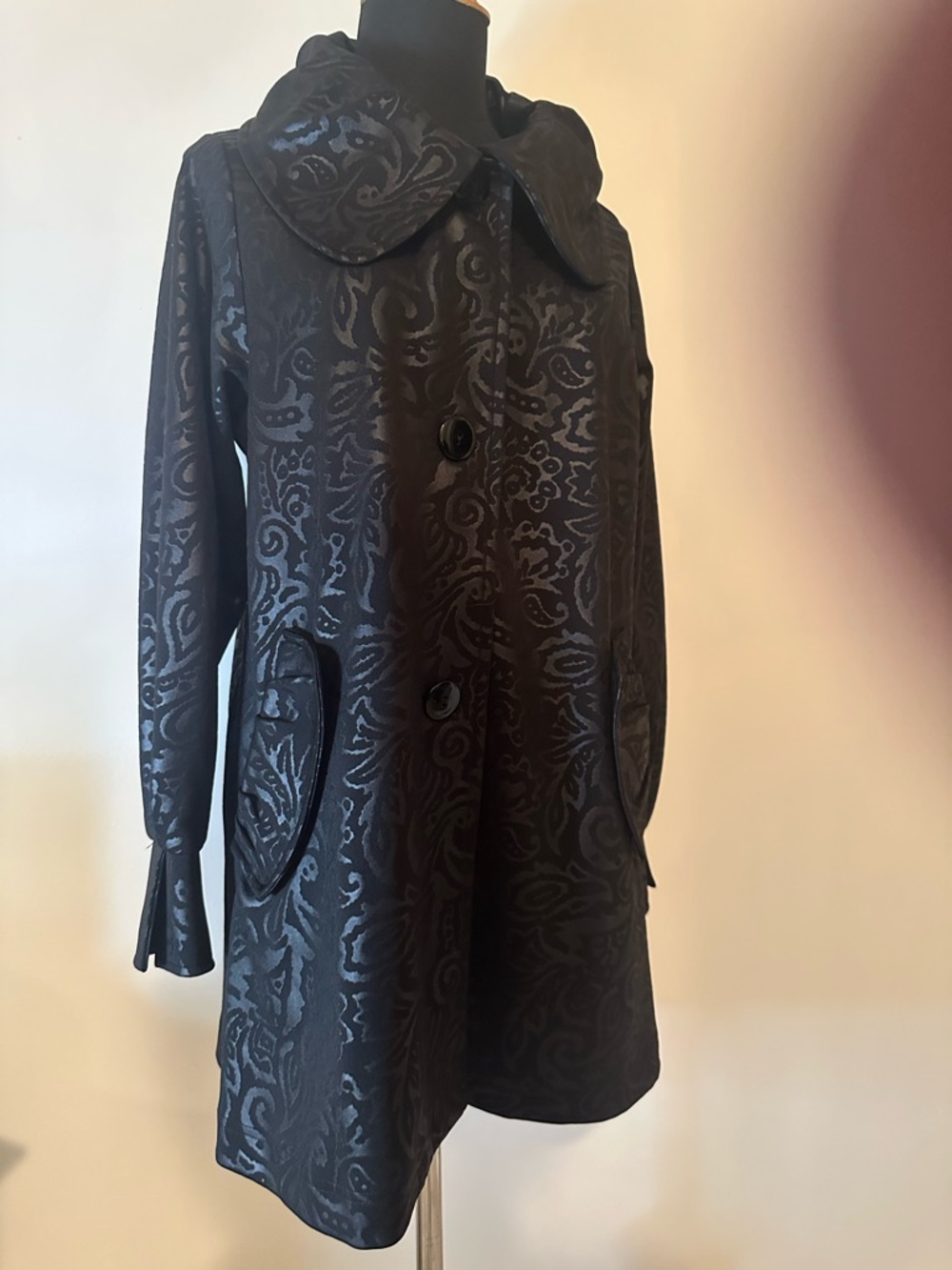 Women’s Black Patterned Coat with Rounded Collar